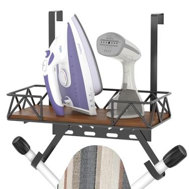 Imagem de Suporte de parede para tábua de passar roupa, suporte de tábua de passar sobre a porta, prateleira de armazenamento de estrutura de metal com ganchos ajustáveis para economia de espaço em forma de T e