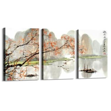 Imagem de Arte de cenário japonês, impressão floral, pintura a tinta, barco, pássaro, pôsteres em tela, decoração asiática, arte de parede japonesa para decoração de sala de estar e quarto (SKU5-3 peças, 40,6 x