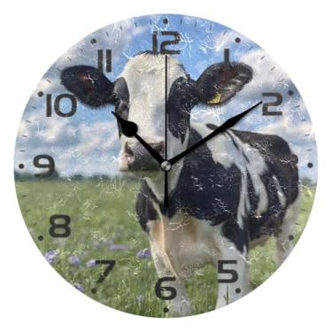 Imagem de JUZIHAI Relógio de parede de vaca leiteira, silencioso, redondo, sem tique-taque, operado por bateria, fácil de ler, relógio decorativo de parede para casa, cozinha, sala de estar, quarto, escritório