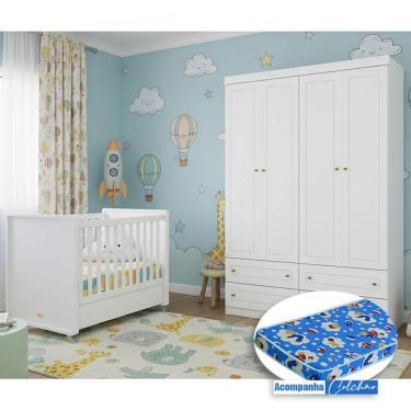 Imagem de Berço Tutto New E Guarda Roupa Infantil Americano Ambiente 4 Portas Branco Fosco Com Colchão Ortobom - Matic