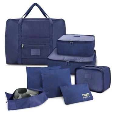 Imagem de Kit Organizador De Malas 6 Peças + Bolsa Dobrável + Bolsa Porta Sapatos Azul