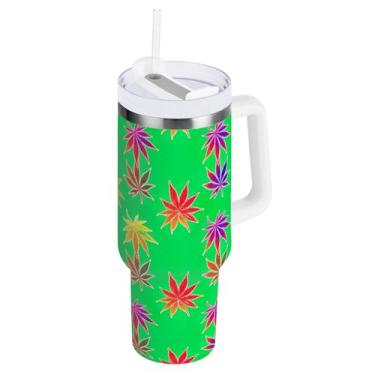 Imagem de Copo com isolamento duplo de 850 g com alça e tampa de palha, copo de viagem isolado verde com folhas coloridas