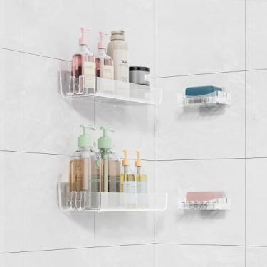 Imagem de Sotfamily Suportes de chuveiro, suporte de chuveiro transparente, sem broca, prateleiras de chuveiro montadas na parede com saboneteira e almofadas adesivas