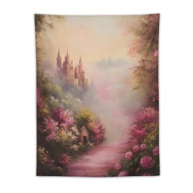 Imagem de Tapeçaria de parede de castelo de conto de fadas rosa romântico campo rosa pôr do sol sonho paisagem decoração pendurada para quarto dormitório sala de estar princesa kawaii estética tapeçaria 76 x