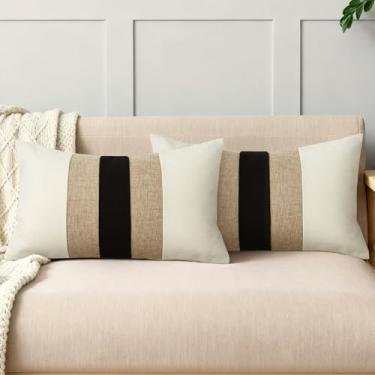 Imagem de QoBexim Conjunto de 2 capas de almofada decorativas de algodão e linho, 30 x 50 cm, bege e cáqui, decoração de casa de fazenda, moderna, para sofá, decoração de casa ao ar livre