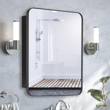 Imagem de FUMANGO Armário de remédios de banheiro embutido na parede com moldura de metal preto 40,6 x 66 cm, armário de remédios retangular arredondado