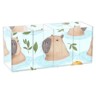 Imagem de TSENQUE Porta-lápis de acrílico personalizado para natação, capivaras fofas para mesa, organizador de pincéis de maquiagem, organizador de mesa
