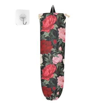 Imagem de Dispensador de saco de compras com quatro flores de peônia, suporte de saco de cozinha, suporte de saco de plástico para montagem na parede