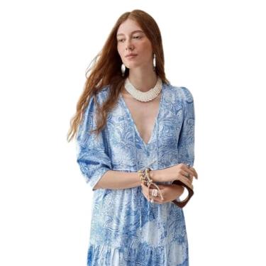 Imagem de Vestido feminino midi paisley azul e branco - vestido boho com gola V e manga bufante, Azul, Small