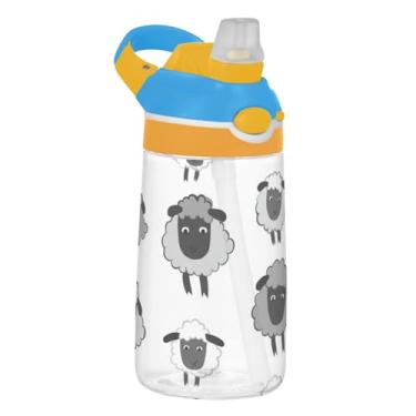 Imagem de Garrafa de água infantil Tritan de 473 ml com tampa de palha, garrafa de água esportiva reutilizável de 473 ml, copo infantil portátil à prova de vazamento, alça de transporte, lindo preto cinza