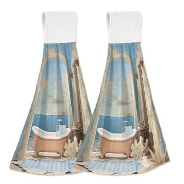 Imagem de Joitme Toalhas de mão penduradas para banheiro litorâneo azul-petróleo com laço, pacote com 2 toalhas de forno decorativas de lã coral absorvente para cozinha e banheiro