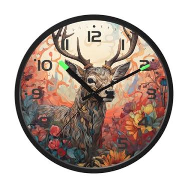 Imagem de SEHANY Relógio de parede artístico com retrato de veado, silencioso, sem tique-taque, relógio redondo operado por bateria, controle de som, luz noturna, relógios de parede para sala de estar, cozinha