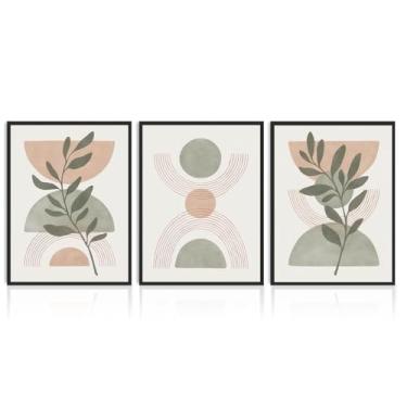 Imagem de Dazzlewall Pôster de arte de parede abstrata Boho 3 peças, minimalista, folhas botânicas verdes, impressões em tela neutra para decoração de quarto, sala de estar, 30 x 40 cm, sem moldura