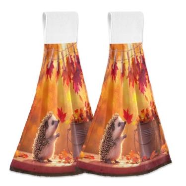 Imagem de Joitme Lindas toalhas de mão para pendurar folhas de outono de ouriço com laço, pacote com 2, panos de prato de cozinha absorventes de lã coral com fita mágica para decoração de pia de bar de forno