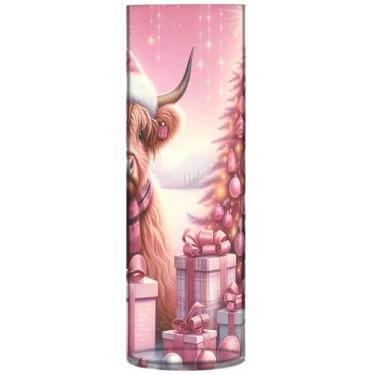 Imagem de Christmas Highland Cow Bezerro Rosa Vasos de Flores Decorativos Cilindro Vasos Altos Personalizados para Impressão de Flores Decoração de Casa Sala de Estar, 30 cm x 9,9 cm