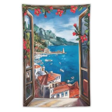 Imagem de Tapeçaria com vista de janela costeira cidade litorânea flores vermelhas flores barcos cênica paisagem mediterrânea arte decoração de parede para sala de estar quarto casa 40 x 60 tapeçaria