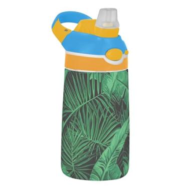 Imagem de Garrafa de água infantil de 473 ml reutilizável Tritan Sports de 473 ml com canudo copo infantil portátil à prova de vazamento, alça de transporte, folhas de palmeira verde tropical