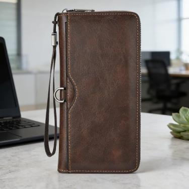 Imagem de Carteira masculina clássica marrom escuro com zíper tecido padrão de couro genuíno sensação ultrafina, design clássico marrom escuro com zíper curto com padrão de tecido, sensação de couro, ultrafina