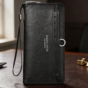 Imagem de Carteira masculina, carteira longa de couro com zíper único e bolso para telefone, grande capacidade com vários compartimentos para cartão de crédito, organizador seguro (preto)