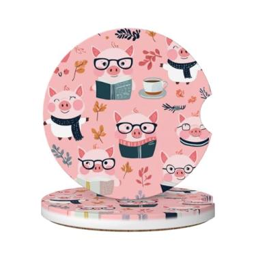 Imagem de Buyidec Pequenos porcos usando óculos absorventes porta-copos de carro pacote com 2 suportes de copo, pedra cerâmica de 6,5 cm e base de cortiça que não arranha, porta-copos fofos para carro para