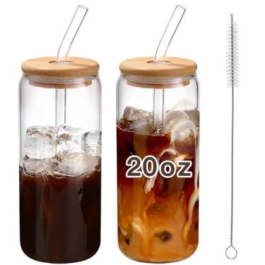 Imagem de Copos de café gelado com tampas 2 peças: Copos de vidro de 590 ml com tampas e canudos como acessórios de barra de café - Copos de cerveja - Copo de vidro reutilizável, xícaras de café fofas para café