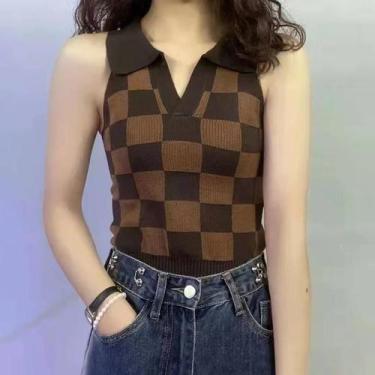 Imagem de Colete De Malha Sem Mangas Com Estampa De Xadrez Para Mulheres, Estilo