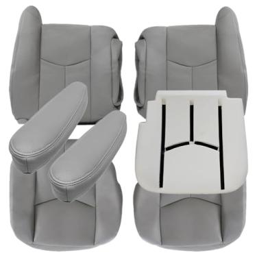 Imagem de Priprilod #922 Couro cinza para motorista e passageiro, parte inferior e superior, encosto, apoios de braços e almofada de espuma para motorista apto para Chevy Silverado Tahoe Suburban Avalanche GMC
