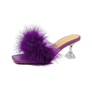 Imagem de Heiyom Sandália feminina de bico quadrado salto baixo salto alto mules penas fofas sem cadarço salto baixo casamento festa nupcial sapatos sociais, Roxa, 38