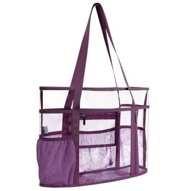 Imagem de TINYAT Bolsa grande transparente para mulheres, bolsa de praia de malha com zíper, bolsa de viagem transparente, bolsa de ombro para férias, natação, academia, Roxo/90647, One Size