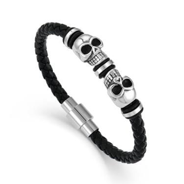Imagem de TIMFROZ Pulseira masculina de couro com caveira trançada multicamadas pulseira punk hip hop pulseira dia dos pais joias de aniversário presentes para homens pulseira de fivela de aço inoxidável 21,6