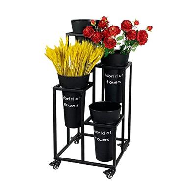 Imagem de AkosOL Prateleira de escada para plantas ao ar livre para plantas, suporte de exibição de carrinho de flores com rodas, suporte de flores para floricultura (preto)