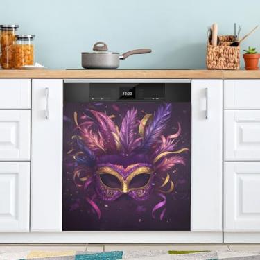 Imagem de Wassud Máscara de carnaval com penas, capa magnética para máquina de lavar louça, capa decorativa para lava-louças, capas de geladeira, pele magnética 58 cm L x 66 cm A, decoração de casa