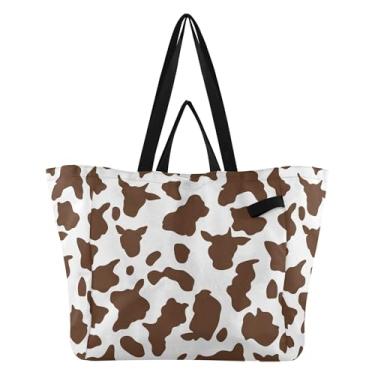 Imagem de SEHANY Sacolas de compras reutilizáveis com estampa de vaca marrom e branca com alças reforçadas, bolsa de compras de lona dobrável à prova d'água de grande capacidade para viagem, cozinha, praia