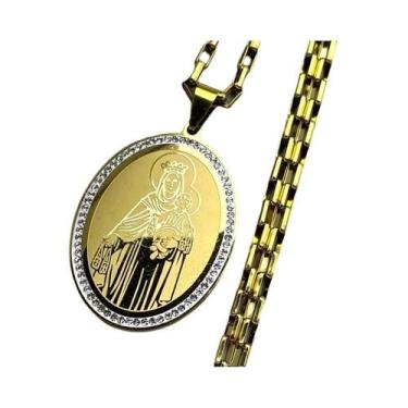 Imagem de Colar Com Pingente De Nossa Senhora E Menino Jesus Em Strass Dourado, 