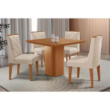 Imagem de Conjunto: Mesa Sala Jantar Maldivas Tampo Curvo 90cm+4 Cadeiras Pietá Madeira Naturale - Capuccino/Suede Creme - Rufato