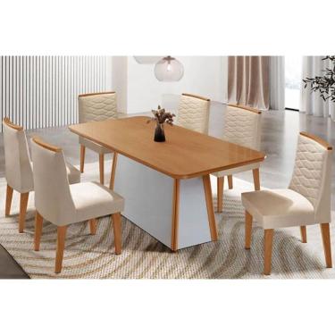 Imagem de Conjunto Mesa Tilia c/ Tampo Madeirado Canto Curvo 180x90cm e 6 Cadeiras Maldivas Madeira Maciça Naturale/Off White - Capuccino/Suede Creme-Rufato