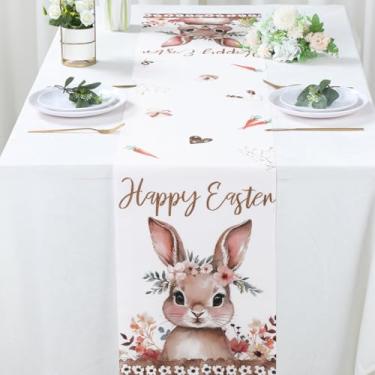 Imagem de Caminho de mesa de Páscoa, caminho de mesa com padrão de coelho de guirlanda, decoração de casa de fazenda rústica suprimentos de cozinha para jantar interno ao ar livre jantar feriado celebração