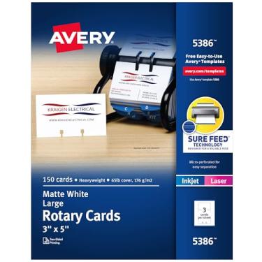 Imagem de Avery 5386 grandes cartões rotativos, laser/jato de tinta, 7,6 x 12,7 cm, 3 cartões por folha (caixa com 150 cartas), branco