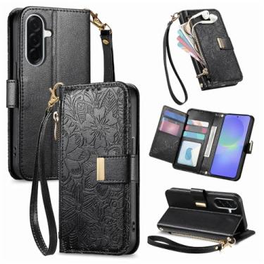 Imagem de Niuuro Capa carteira para Samsung Galaxy A56/A36/A37, suporte de cartão embutido (8 a 10 cartões), bolso com zíper, alça de pulso, suporte de suporte, capa protetora de couro PU floral feminina, preta