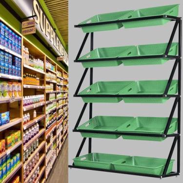 Imagem de Prateleira de vegetais de supermercado de 5 camadas - Prateleira de exibição comercial de frutas e lanches para batatas, cebolas e mais - Suporte de exibição de varejo marrom durável