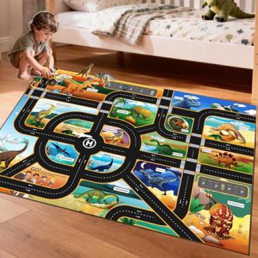Imagem de CLAILEIRS Tapete de dinossauro de desenho animado, adorável tapete de parque de dinossauros com suporte de borracha, tapete infantil com mapa de safári de dinossauro para quarto de meninos e meninas