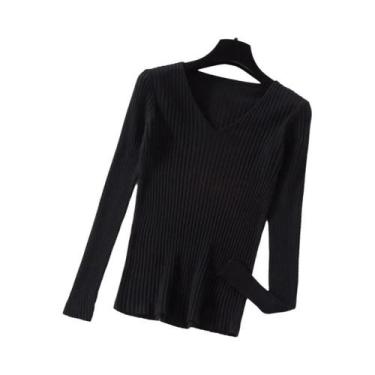 Imagem de Suéter Feminino De Tricô Gola V Manga Longa Outono Inverno Casual Bási