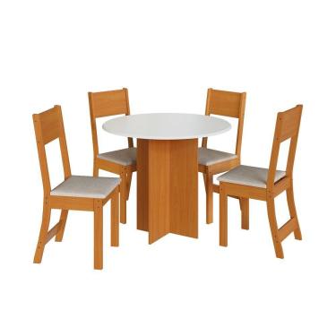 Imagem de Conjunto Mesa De Jantar Alice Sofia Redonda 4 Cadeiras Freijó Offwhite Linho - Indekes