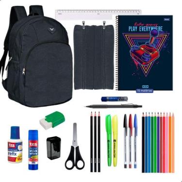 Imagem de Kit Material Escolar Mochila Cadernos 15 Matérias + Itens Masculino - 