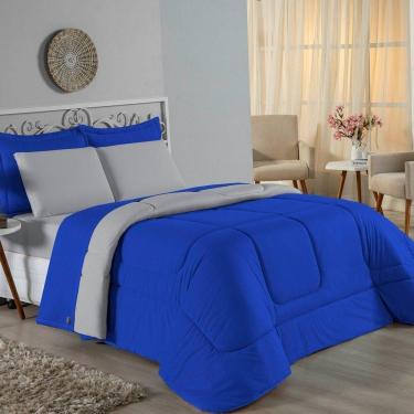 Imagem de Kit Edredom Dupla Face + Jogo De Lençol Queen Nobre 7 Peças Malha 100% Algodão - Royal / Cinza