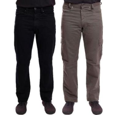 Imagem de Kit 2 Calças Sarja e Jeans R7Jeans Masculina Modelo Tradicional e Cargo Cintura Alta 100% Algodão-Masculino