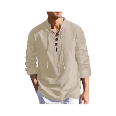 Imagem de Camisas Masculinas De Manga Longa Em Algodão E Linho, Estilo Pirata, D