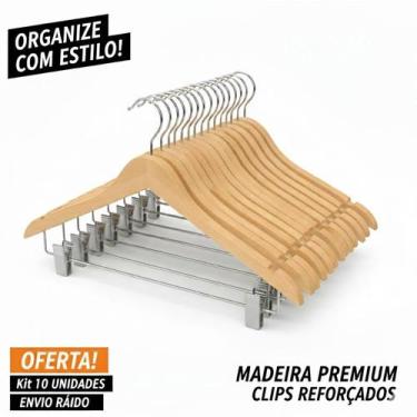 Imagem de Cabide Madeira Marfim 10 Unidades Presilha Atacado Fukuyama - METAL10A