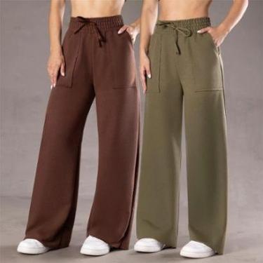 Imagem de Kit 2 Calça Pantalona Moletinho Feminina Com Bolso Elegante Casual Confortável-Feminino