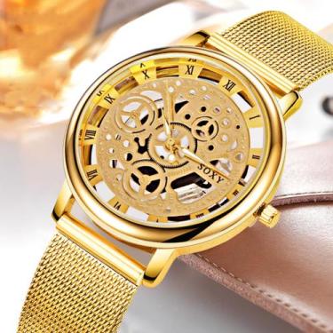 Imagem de Relógio Feminino Skeleton Luxo Pulseira Silicone de Aço Estojo - Soxy,